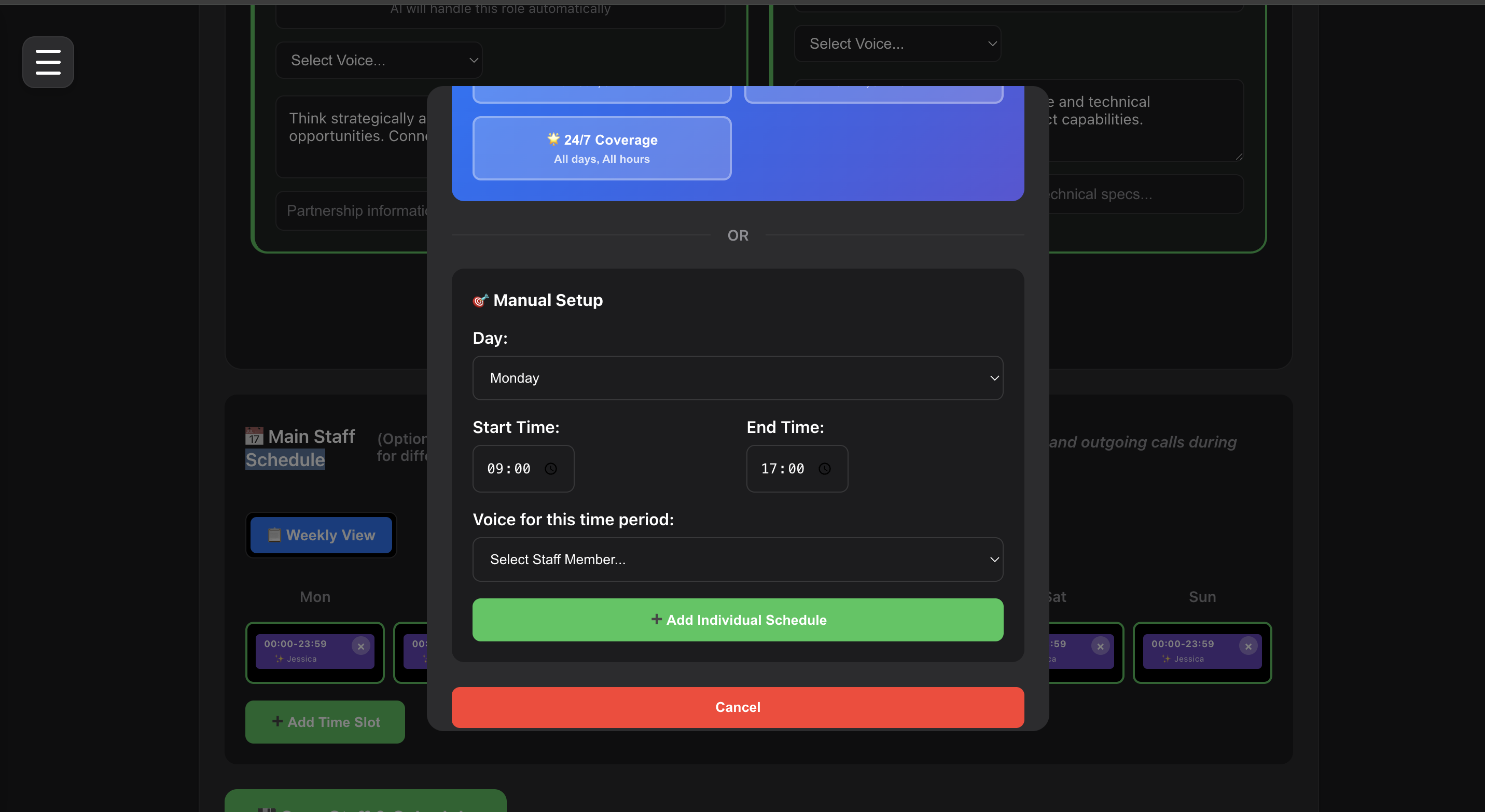 Add staff schedule interface for managing team availability and work patterns in Team-Connect